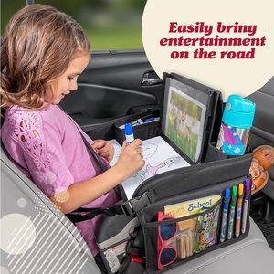 Toddler car seat travel tray, Drink holder, dry erase board, storage pockets.